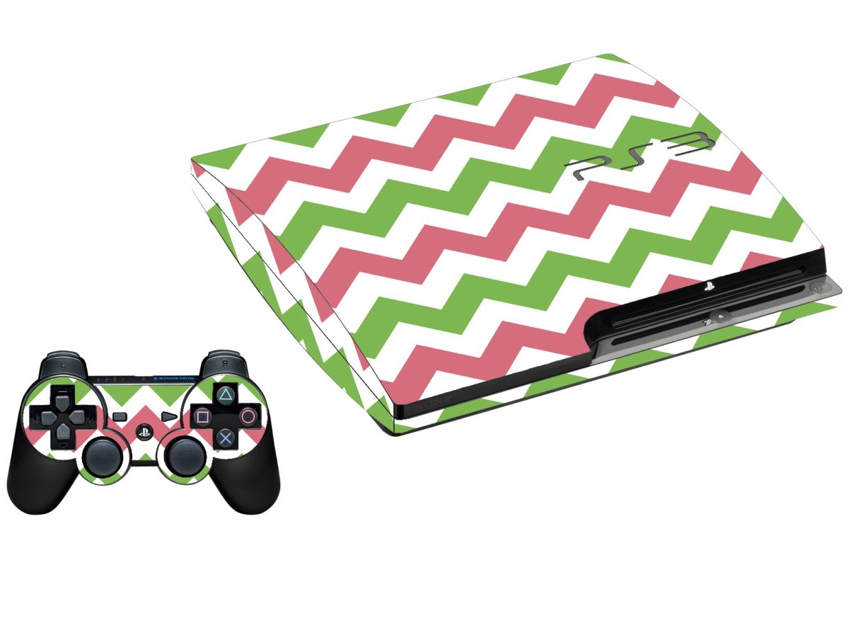 GREEN PINK CHEVRON PLAYSTATION 3 GAME CONSOLE SKIN