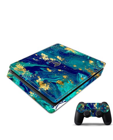 Playstation PS4 Slim Blue and Gold Marble Console Skin
